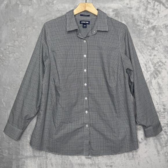Lands' End Shirt Womens 18W Black White Check No Iron Supima Cotton Button Down - Picture 1 of 10